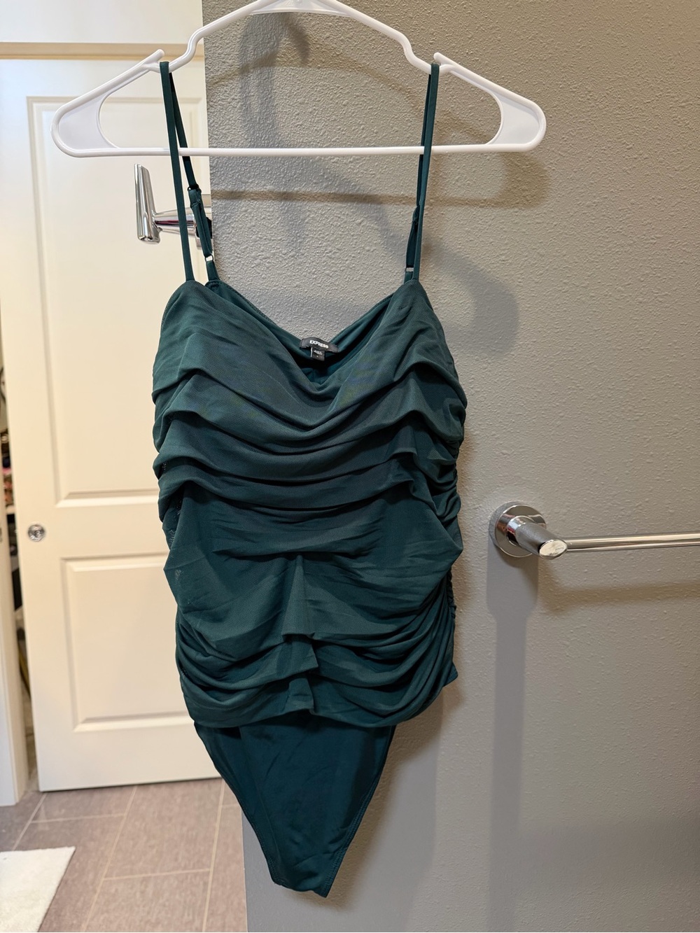 Express Dark Teal Ruched Spaghetti-Strap Bodysuit